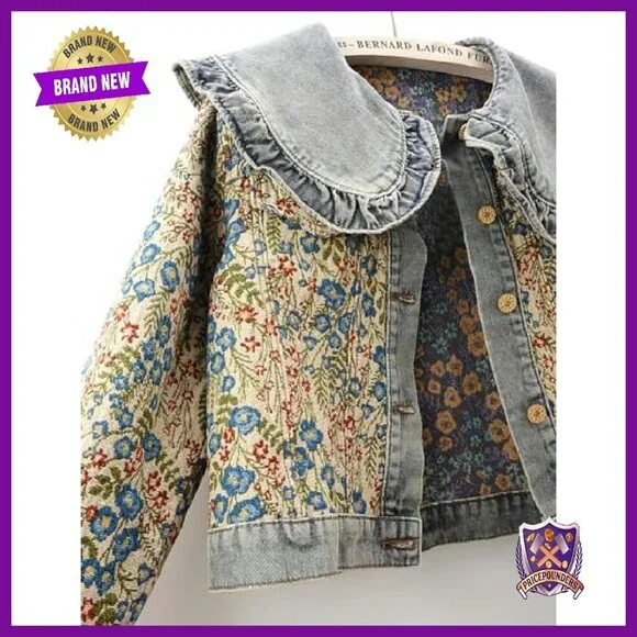 Long Sleeve Jacquard Denim Jacket Peter Pan Collar Button Front - Picture 7 of 7